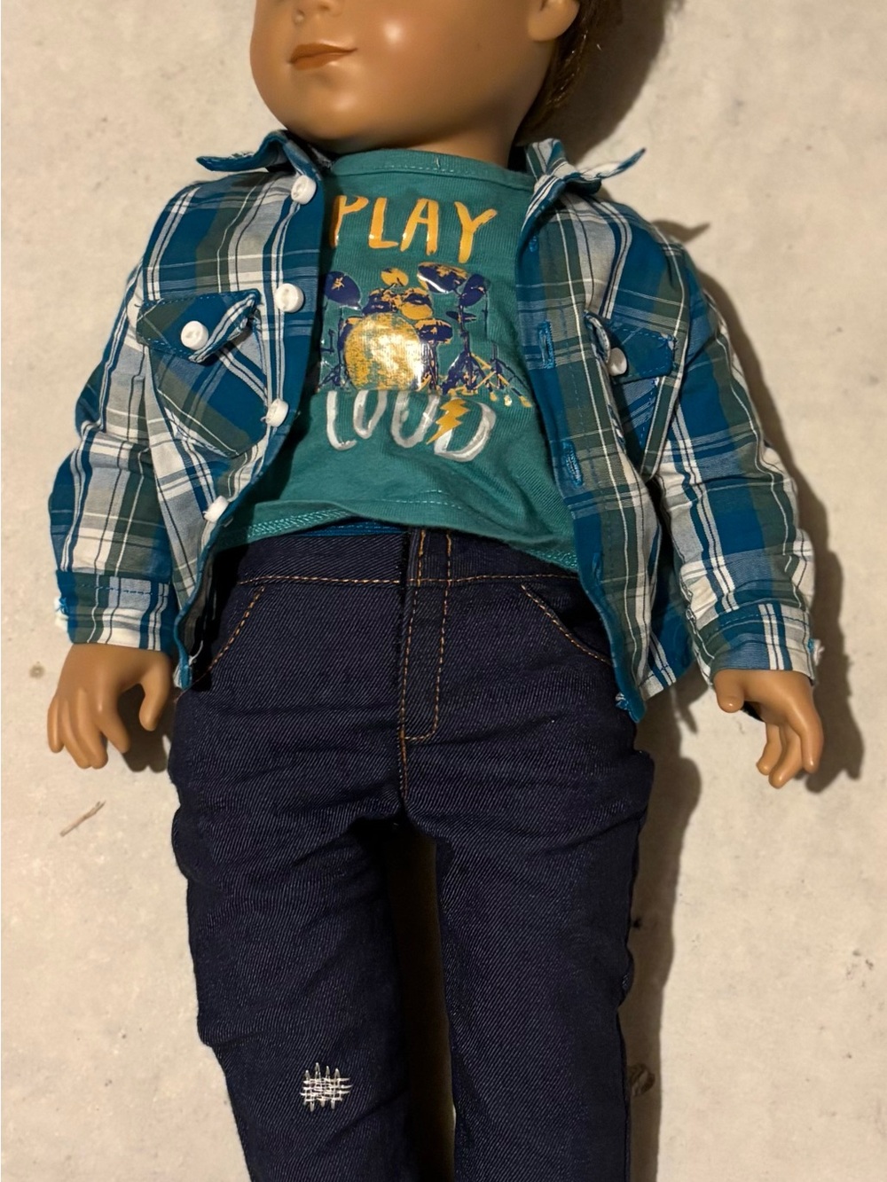 American Girl Logan Everett in a Teal Plaid Button-Up & Graphic Tee Outfit